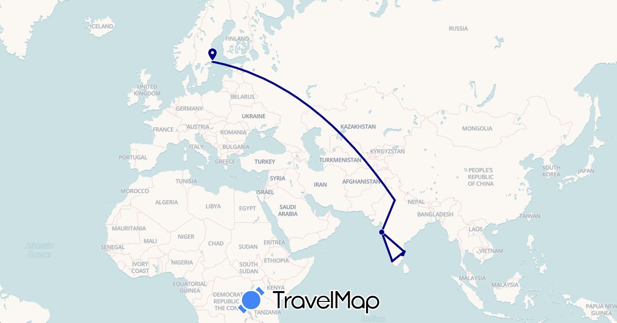 TravelMap itinerary: driving in India, Sweden (Asia, Europe)